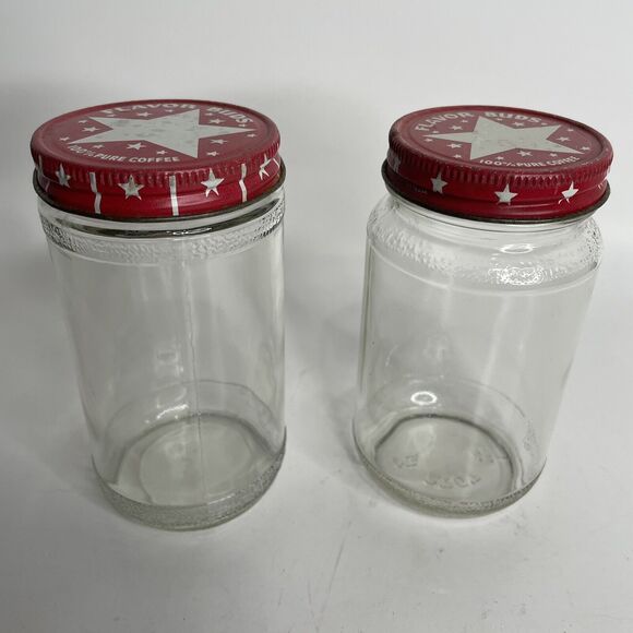 2 Vintage FLAVOR BUDS 100% PURE COFFEE GLASS BOTTLES / JAR Original Lids - Picture 1 of 11